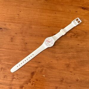 Swatch White Silicone Strap Watch with Subtle pink and orange Accents